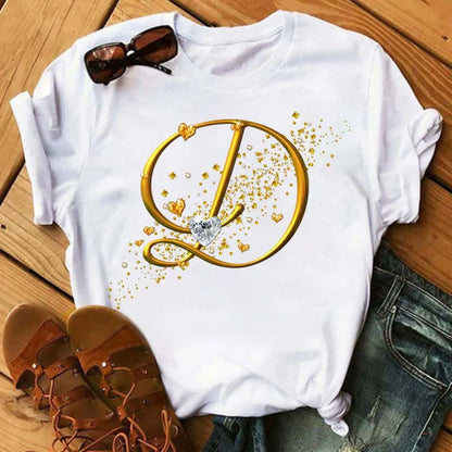Custom Name Letter Combination Fashion Women T-shirt Diamond Gold Letter Font A B C D E F G Short Sleeve Tops Black T-shirt