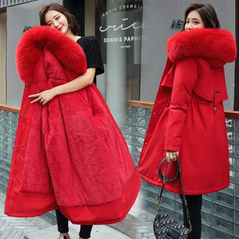 Women Parka Winter Jacket Clothes Long Coat Thick Wool Liner Hooded Jacket Fur Collar Thick Warm Snow Wear Fashion Padded Coat