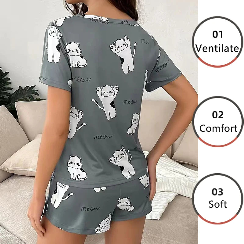 Women Pajamas Sleepwear Pajama Set Nightgowns Short Sleeve And Shorts Suit S M L Gray Cartoon Kitten Print Casual Comfortable