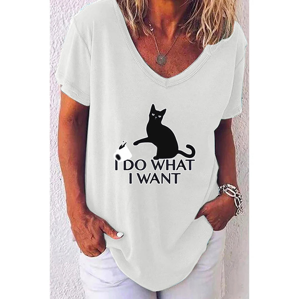 Fashion Woman Blouses 2022 T-shirt Women's 3d Cats Print Black Kawaii V-neck T Shirt Female Clothing Oversized Summer Tops Tees