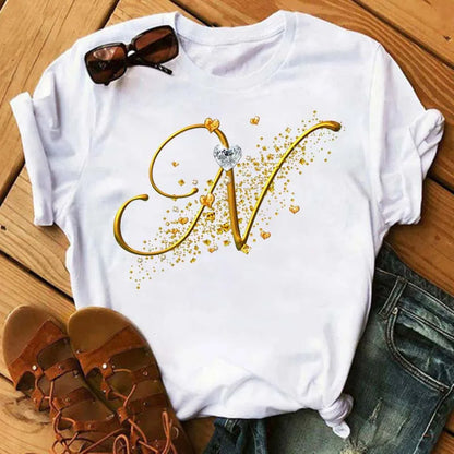 Custom Name Letter Combination Fashion Women T-shirt Diamond Gold Letter Font A B C D E F G Short Sleeve Tops Black T-shirt