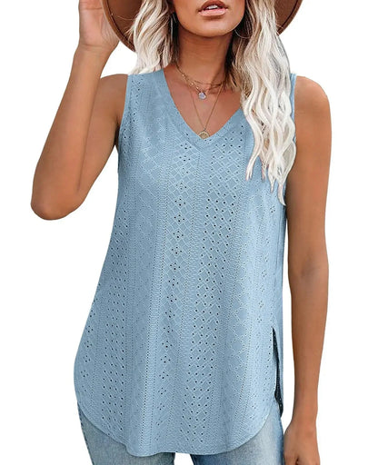 Spring Summer New Pure Color V-neck Slit T-shirt Vest Women Cross-Border Independent Station Sleeveless Polyester Fiber