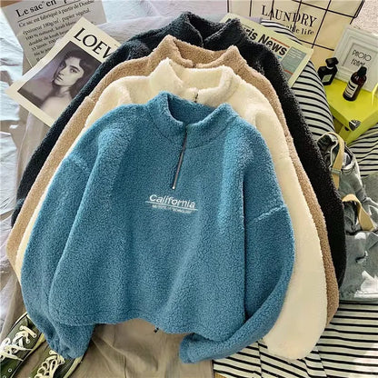 Shop Women's Fleece Cropped Hoodie - Embroidered Stand Neck Sweatshirt
