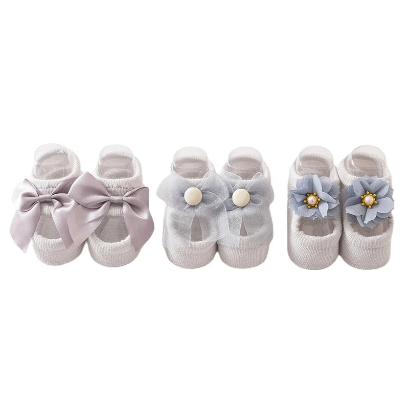 3 Pairs Baby Girl Ankle Socks Lace Bow Infant Anti Slip Socks Newborn Princess Pearl Low Cut Socks Children Home Floor Shoes