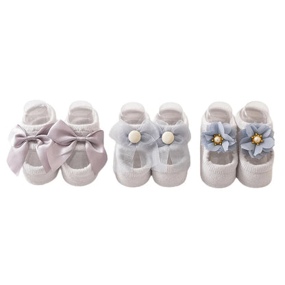 3 Pairs Baby Girl Ankle Socks Lace Bow Infant Anti Slip Socks Newborn Princess Pearl Low Cut Socks Children Home Floor Shoes
