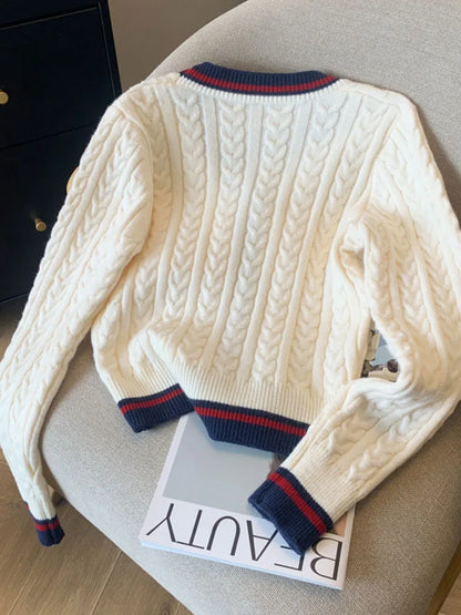 Preppy Style Cashmere Top Women V-Neck Pullover Warm Knitwear Jumper Clothes Casual Sweater Autumn Winter Kpop 2000s Aesthetic