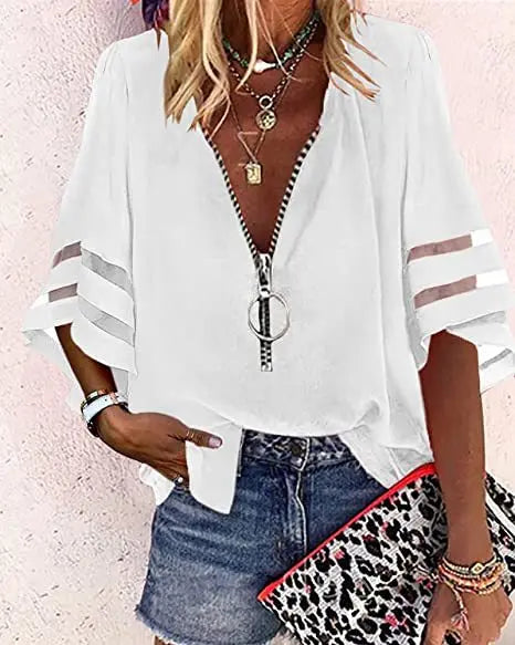 Women's Casual Loose V-neck Half-flat Sleeve Blouse 2025 Spring Summer Tops Streetwear Ladies Spliced zipper Solid Shirts