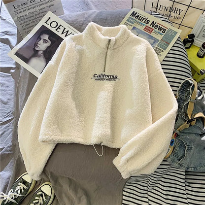 Shop Women's Fleece Cropped Hoodie - Embroidered Stand Neck Sweatshirt