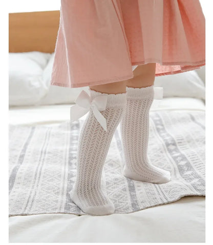 Summer Mesh Baby Girls Socks Cute Big Bows Soft Cotton Elastic White Red Newborn Stockings Knee High Long for Toddler Socks