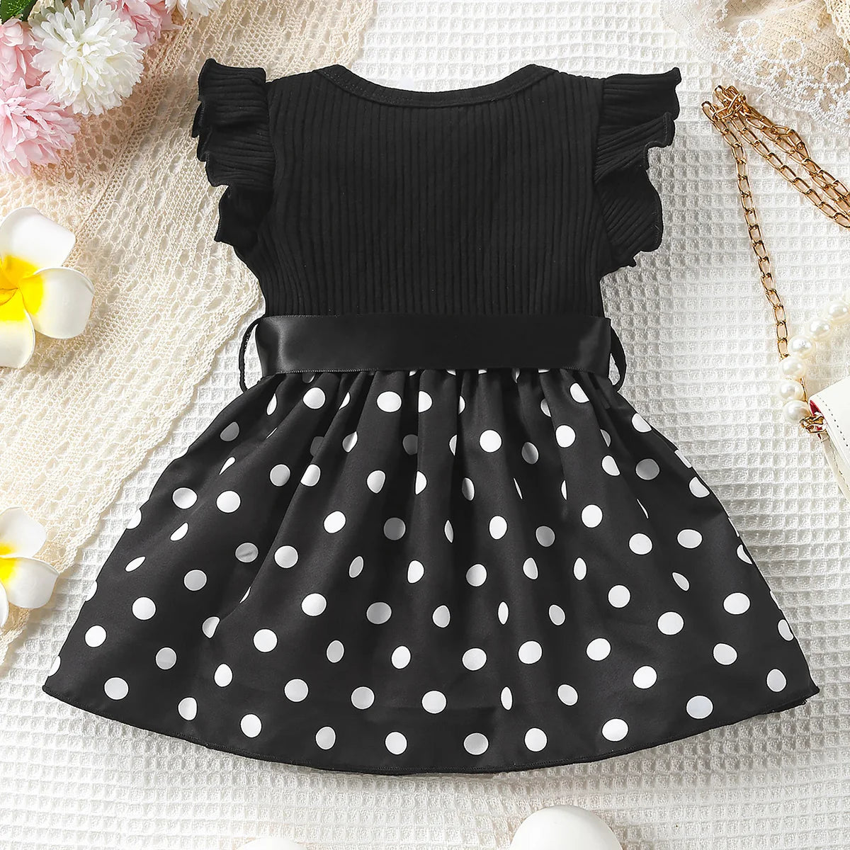 Baby Girl Butterfly and Plant Polka Dot Print Ruffle Sleeve Belt Dress + Ribbon