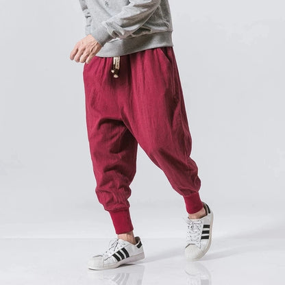 Cotton Linen Harem Pants Men Solid Elastic Waist Streetwear Joggers New Baggy Drop-crotch Pants Casual Trousers Men