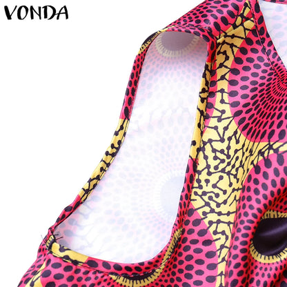 VONDA Bohemian Dress Women Printed Sleeveless Summer Sundress 2025 Loose Casual Ruffled Party Vestidos Oversized Mid-Calf Robe