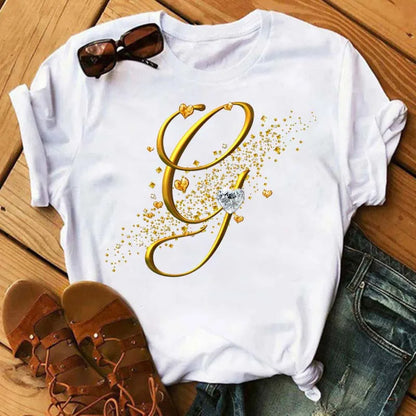 Custom Name Letter Combination Fashion Women T-shirt Diamond Gold Letter Font A B C D E F G Short Sleeve Tops Black T-shirt