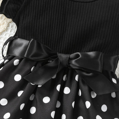 Baby Girl Butterfly and Plant Polka Dot Print Ruffle Sleeve Belt Dress + Ribbon