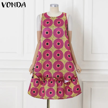 VONDA Bohemian Dress Women Printed Sleeveless Summer Sundress 2025 Loose Casual Ruffled Party Vestidos Oversized Mid-Calf Robe