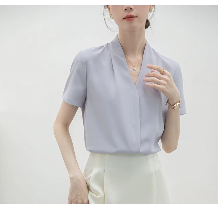 2025 Fashion Summer Short Sleeve V-Neck Women Blouse White Blouse Shirt Women Tops Blouses Shirts Blusas Para Mujer Camisas XL86