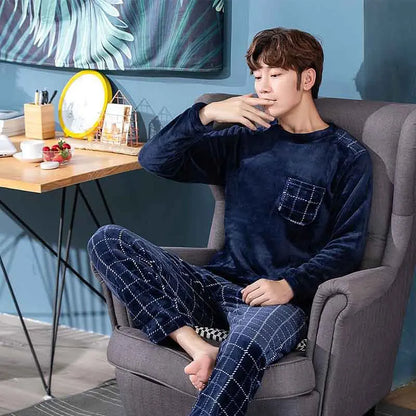 Thickened Warm Spring Fall and Winter Pajamas 2PCS/Set Men and Women Couple Homewear Flannel Long-Sleeved Cartoon Soft Nightwear