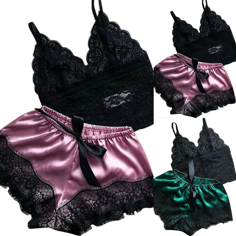 Shop Women's Lace Sleepwear Set - Lingerie Tops & Shorts Pajamas