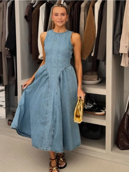 Fashion Solid Long Denim Vestidos Women Sleeveless OffShoulder Lace Up Backless Square Neck Jeans Dresses 2025 Chic Street Wear