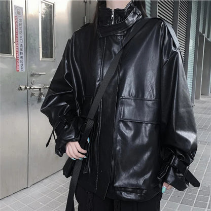 Deeptown Goth Leather Jacket Women Gothic Oversized Zipper Harajuku Fashion Streetwear Jacket Female Dark Academia Loose Black