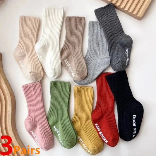 Soft Stripe Toddler Socks - 3 Pairs with Rubber Grips for Kids 0-3 years