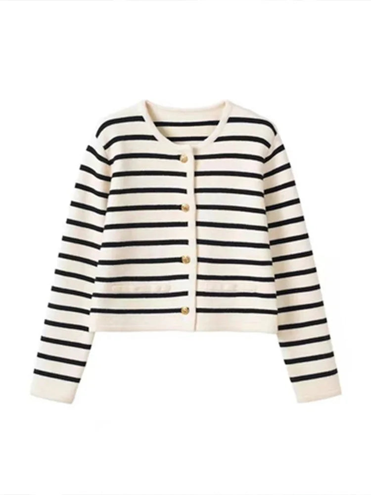 Shop Trendy O-neck Striped Knit Cardigan - Women's Casual Long Sleeve Top