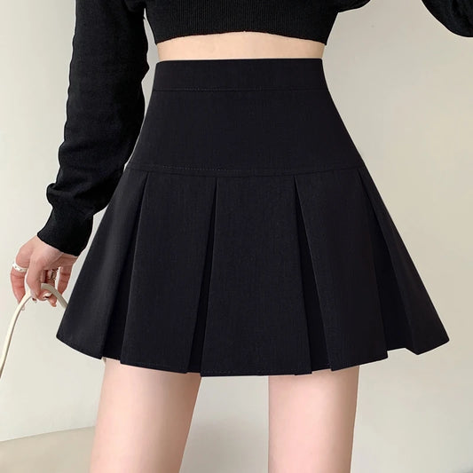 2024 Summer New Women Slim Solid Color Pleated Short Skirt College Style Pure Want To High-waisted Skinny-proof A- line Clothing