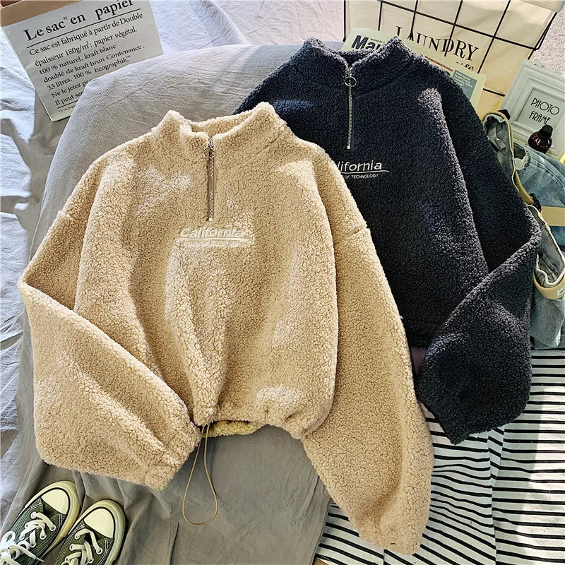 Shop Women's Fleece Cropped Hoodie - Embroidered Stand Neck Sweatshirt