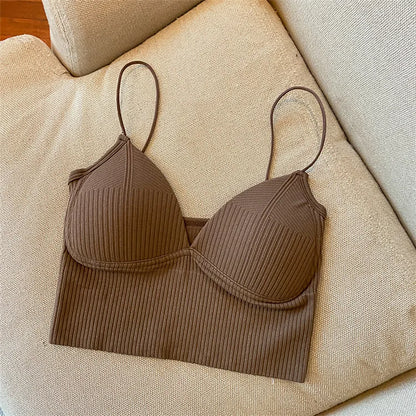 V-Neck Camisole Women Sexy Stretch Push Up Bra with Chest Pads Knitted Crop Top for Female Short Tube Top Tops Bralette Y2k