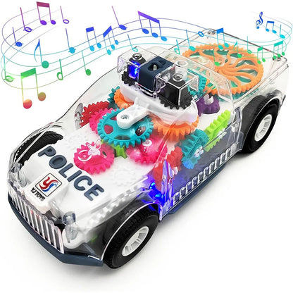 Light Up Transparent Gears Police Car Toy for Kids Bump and Go Toy Car for Boys Girl Educational Baby Toys Car Music LED Effects