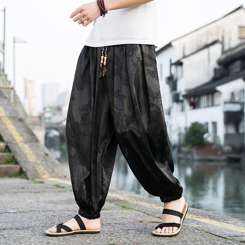 FGKKS 2023 Outdoor Brand Pants For Men Lce Silk Dragon Dark Flower Loose Bloomers High Quality Wide Leg Casual Trousers Male