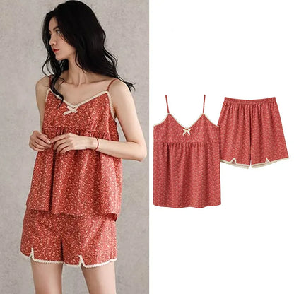 Fdfklak Sexy Sleepwear Set Women's Summer Pajamas Thin Suspenders V Neck Shirt Pant Suit Small Floral Modal Home Clothes M-3XL