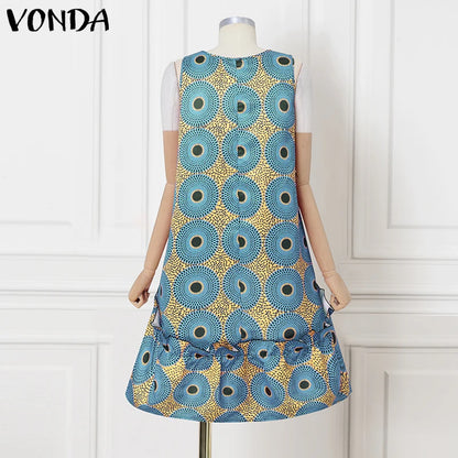 VONDA Bohemian Dress Women Printed Sleeveless Summer Sundress 2025 Loose Casual Ruffled Party Vestidos Oversized Mid-Calf Robe