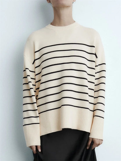 Shop Beige Stripe Baggy Sweater - Women's Long Sleeve Knitted Pullover for Autumn/Winter