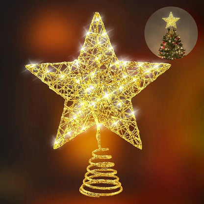 Iron Glitter Christmas Tree Topper Star with LED Copper Wire Lights Merry Christmas Tree Decor for Home Navidad Ornaments