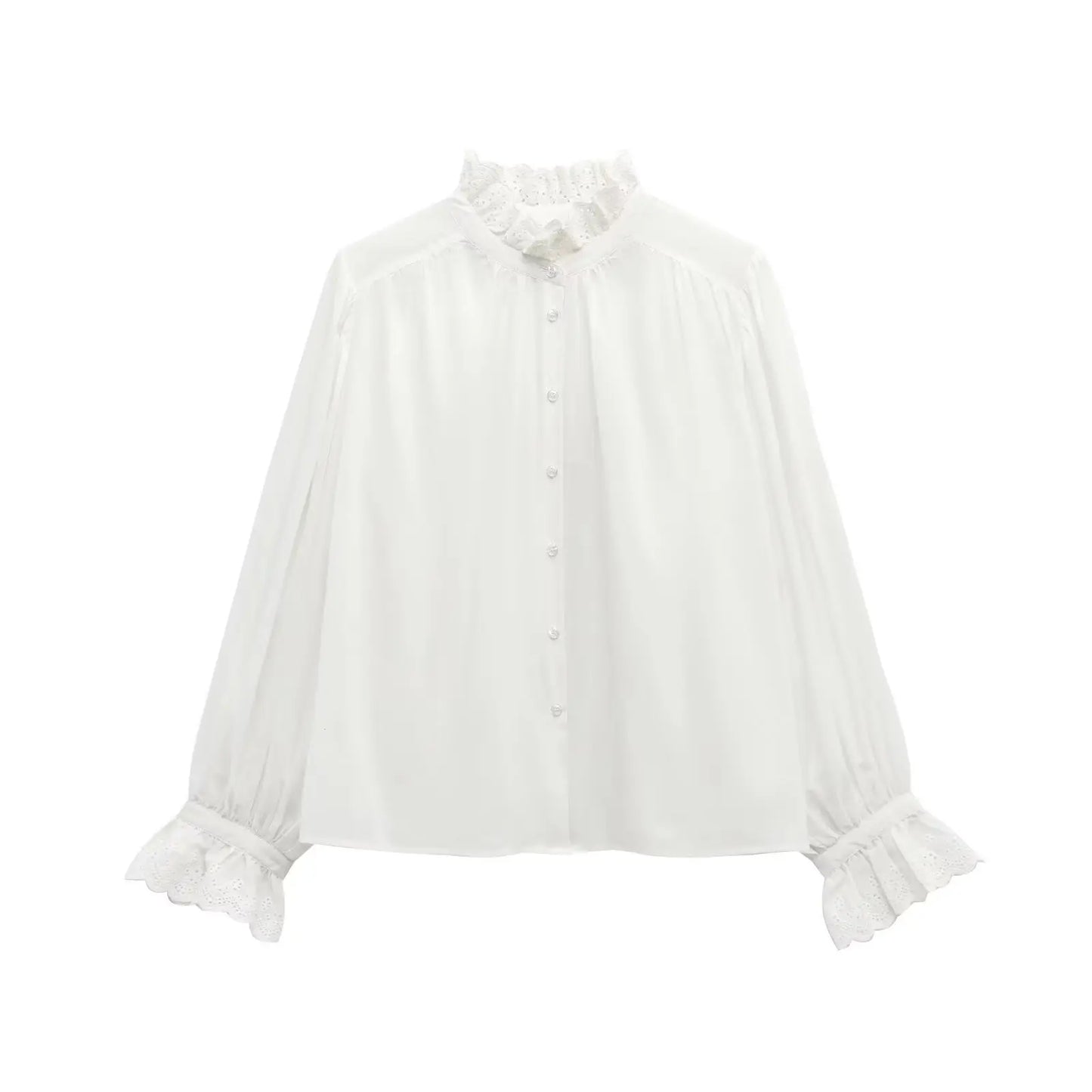 TRAF 2025 Woman Fashion Casual Breathable Hollowed Out Embroidered Top Slim Single Breasted Shirts Spring