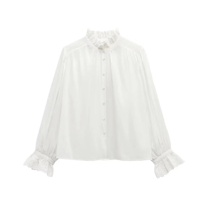 TRAF 2025 Woman Fashion Casual Breathable Hollowed Out Embroidered Top Slim Single Breasted Shirts Spring