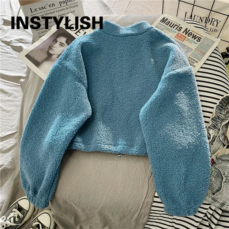 Shop Women's Fleece Cropped Hoodie - Embroidered Stand Neck Sweatshirt