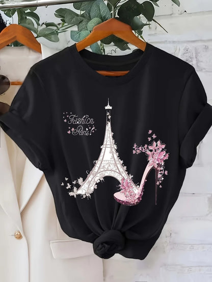 Vibrant Eiffel Tower Graphic Tee Casual Short Sleeve Crew Neck Top for Spring & Summer with Comfortable