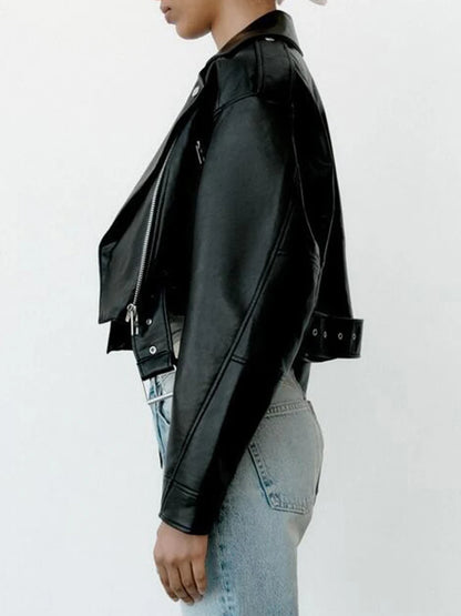 Shop Women's Faux Leather Biker Jacket with Belt - Spring/Autumn