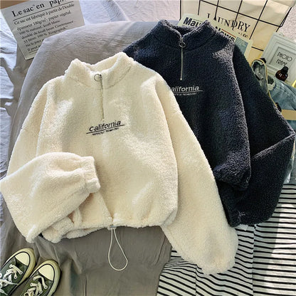 Shop Women's Fleece Cropped Hoodie - Embroidered Stand Neck Sweatshirt
