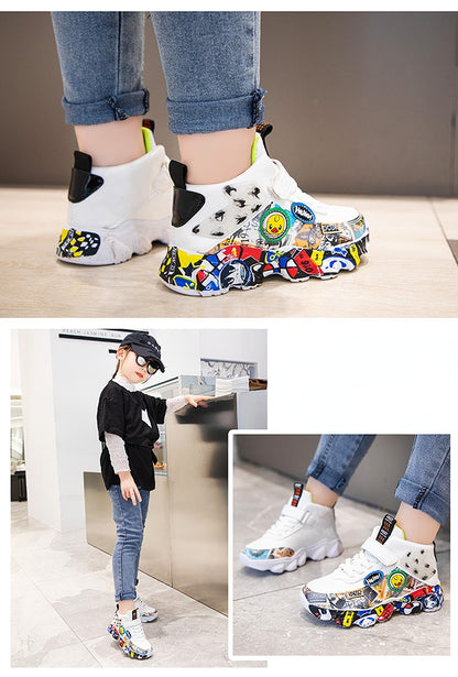 Size 26-36 Children Sports Sneakers for Girls Kid Cartoon Graffiti Pattern Casual Shoes Boys Basketball Shoe chaussures de sport