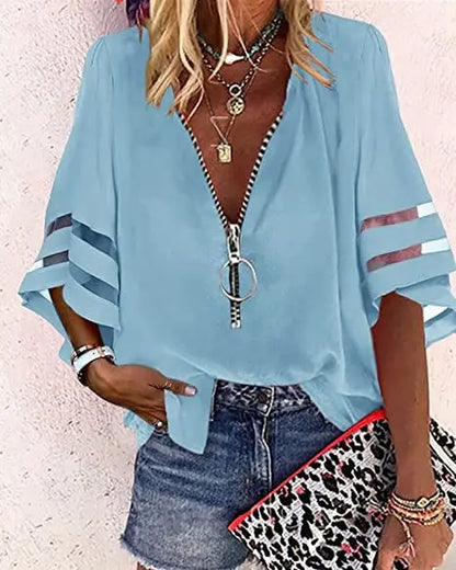 Women's Casual Loose V-neck Half-flat Sleeve Blouse 2025 Spring Summer Tops Streetwear Ladies Spliced zipper Solid Shirts
