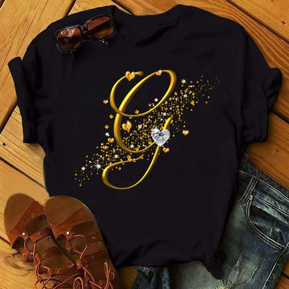 Custom Name Letter Combination Fashion Women T-shirt Diamond Gold Letter Font A B C D E F G Short Sleeve Tops Black T-shirt