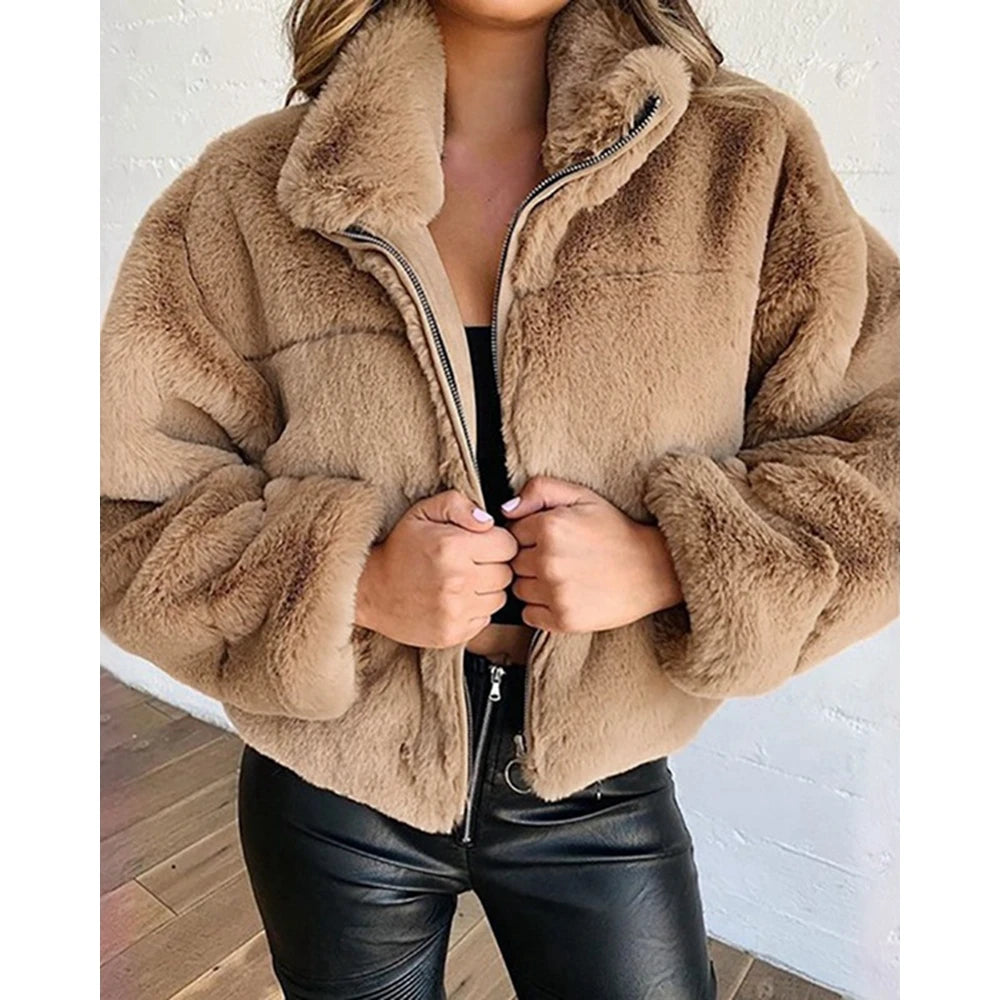 Shop Women's High Neck Teddy Fleece Coat - Korean Style Winter Jacket
