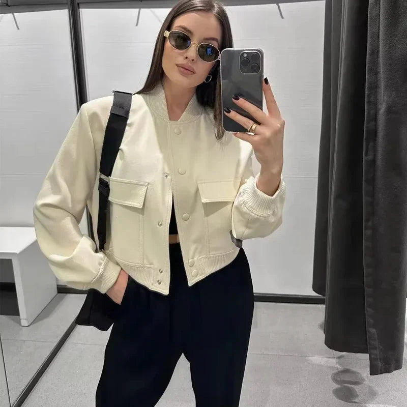 Shop Women's White Bomber Jacket - Cropped, Long Sleeve, Button-Up Outerwear