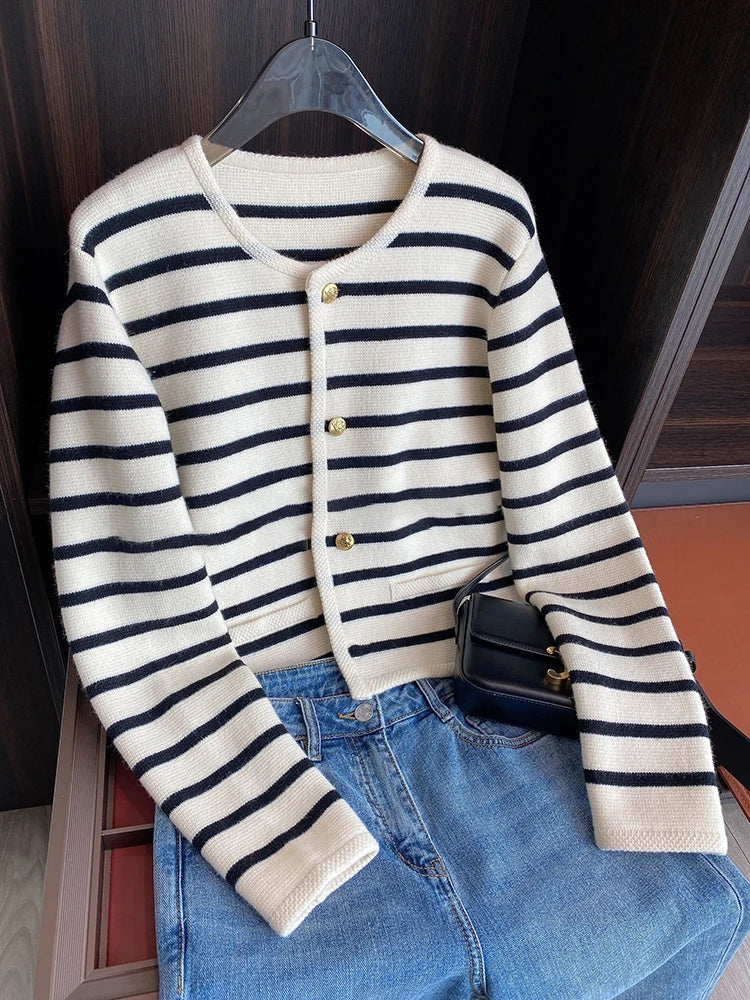 Shop Trendy O-neck Striped Knit Cardigan - Women's Casual Long Sleeve Top