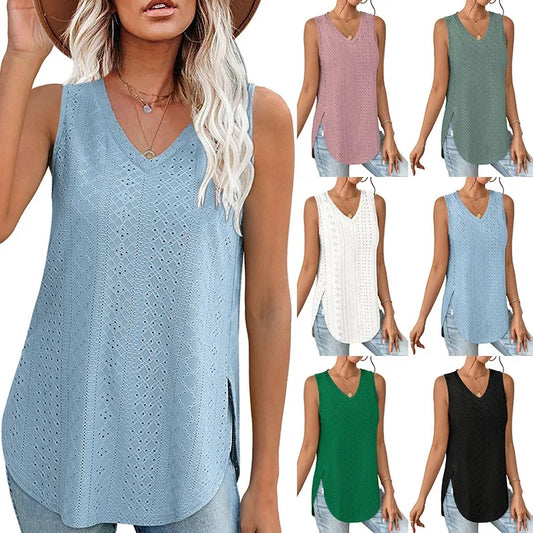 Spring Summer New Pure Color V-neck Slit T-shirt Vest Women Cross-Border Independent Station Sleeveless Polyester Fiber