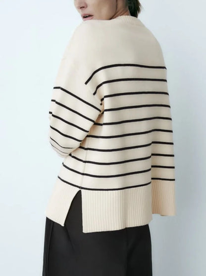 Shop Beige Stripe Baggy Sweater - Women's Long Sleeve Knitted Pullover for Autumn/Winter