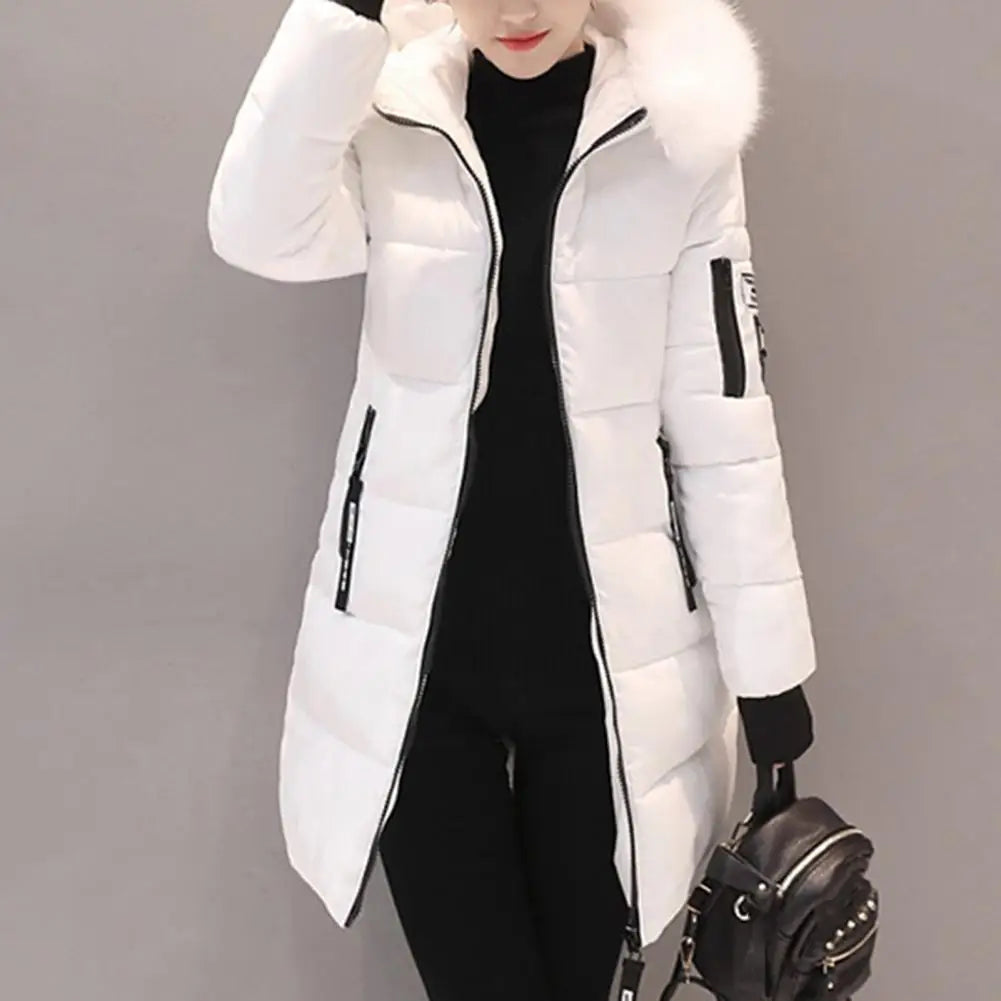 Warm Winter Coat Windproof Hooded Winter Cotton Coat with Zipper Pockets for Women Thickened Padded Mid Length Down Coat Warm